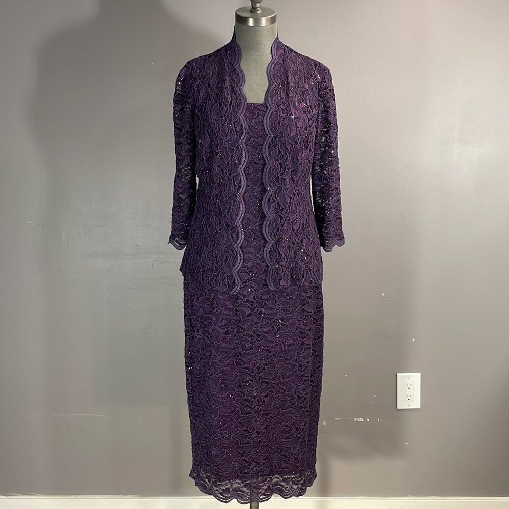 Alex Evenings 2 piece lace sequin sheath dress purple size 8 flattering